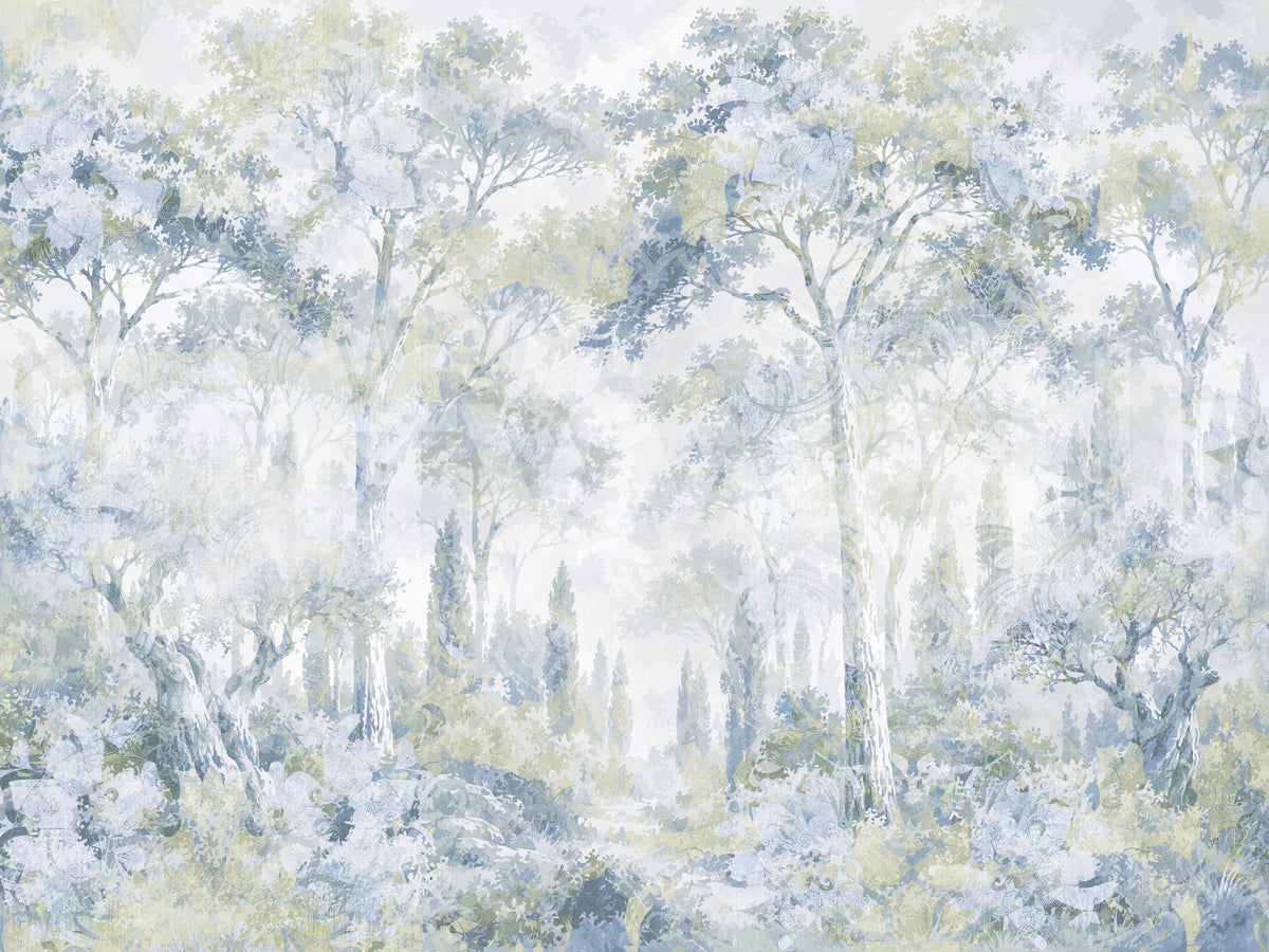 Misty Icy Blue Tuscan Forest Path wall mural Wall Mural