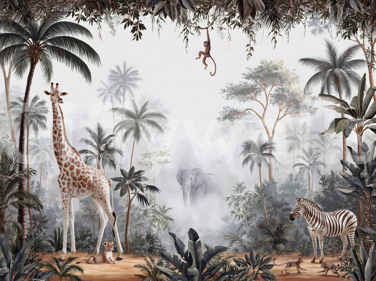 Misty Tropical Safari Wildlife Wall Mural