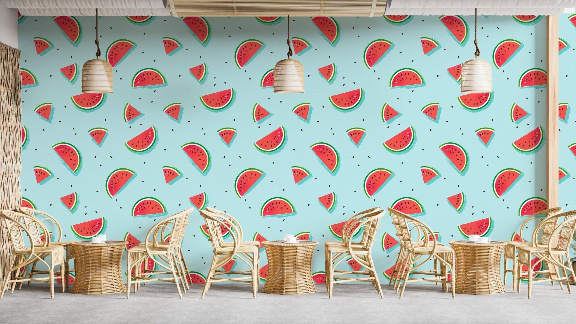 Watermelon slices on light blue wallpaper
