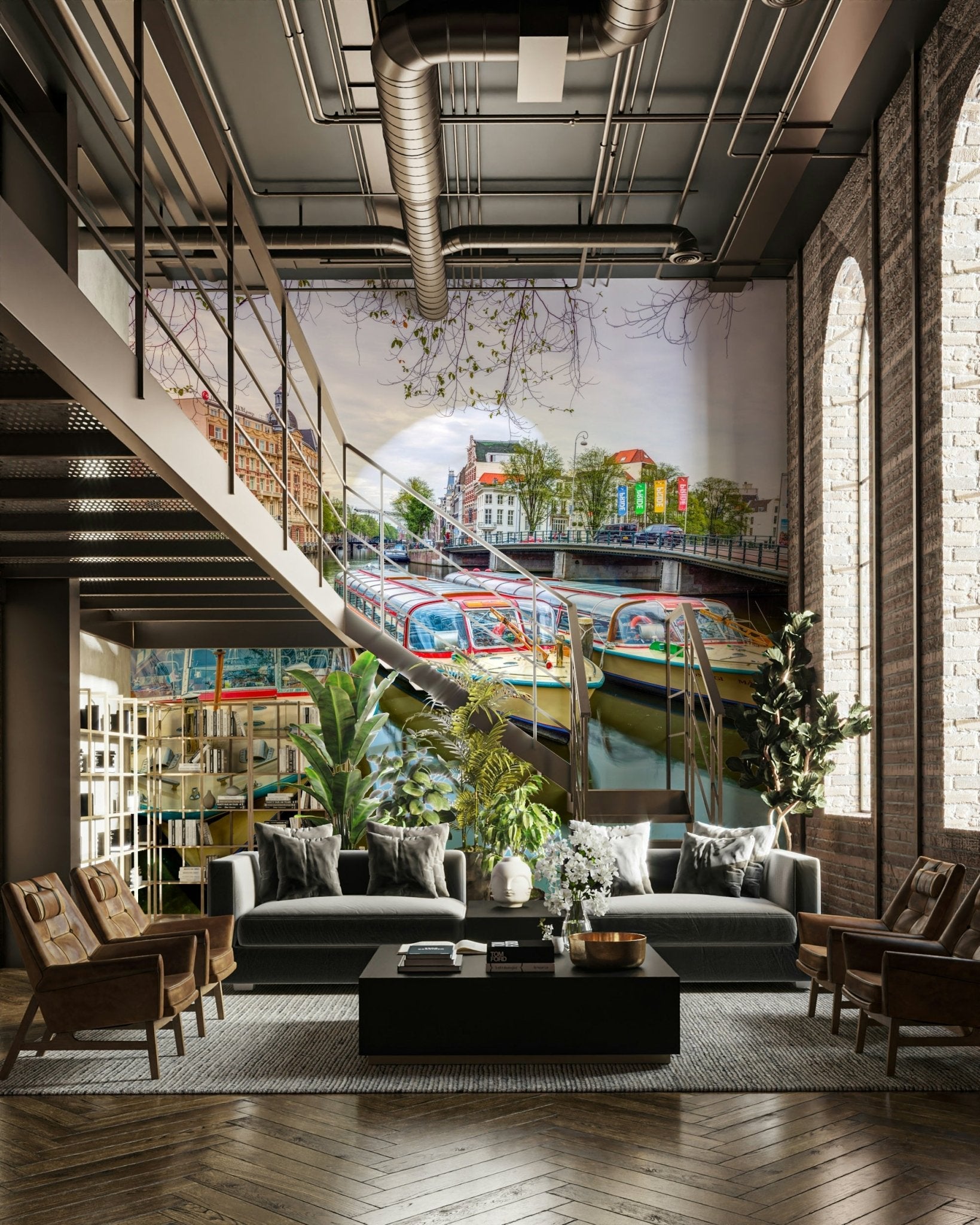 The canal houses are tall and have classic Dutch architecture.

