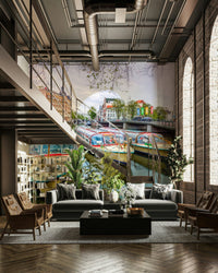 The canal houses are tall and have classic Dutch architecture.

