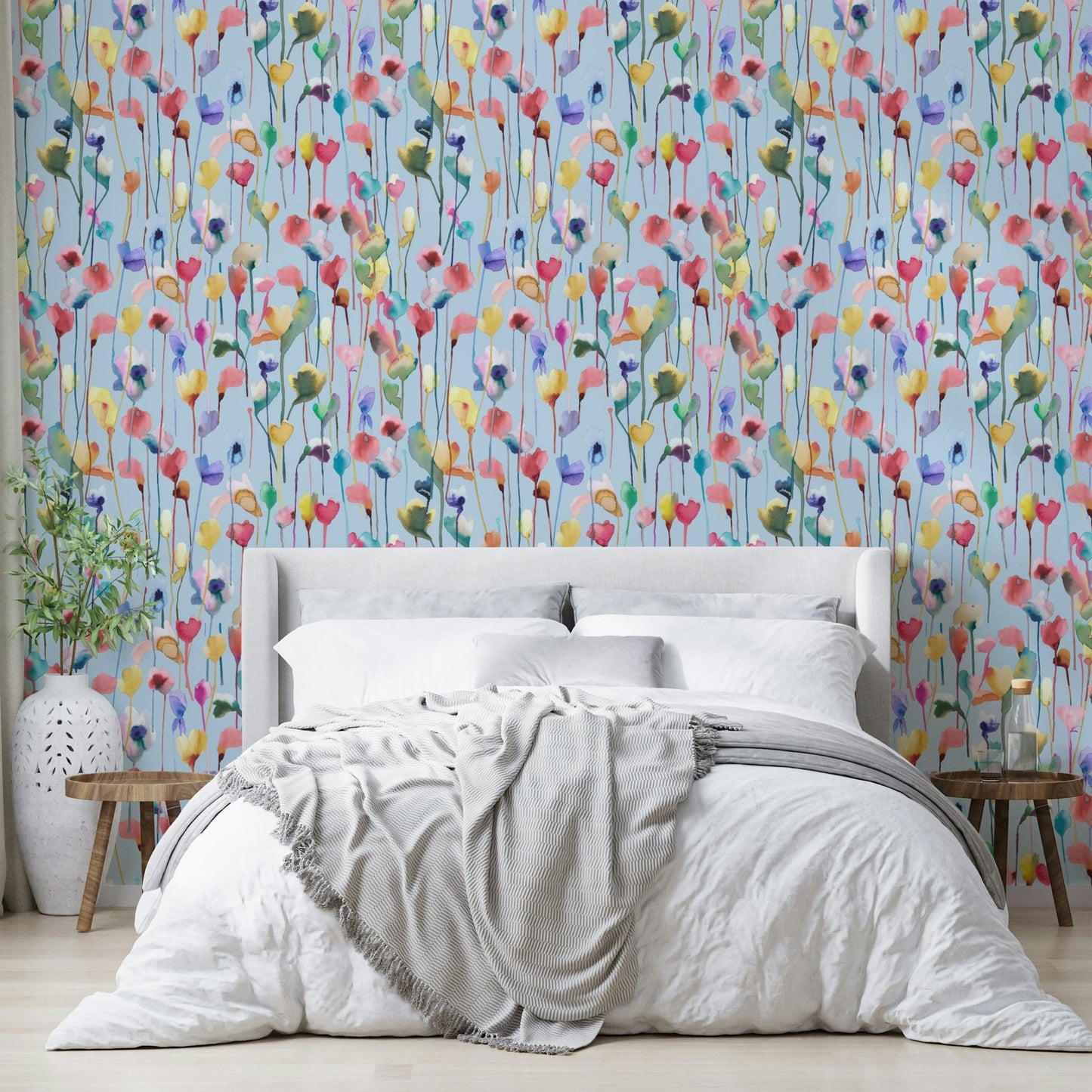 Watery Watercolor Artistic Flowers Light Blue Wallpaper⁠