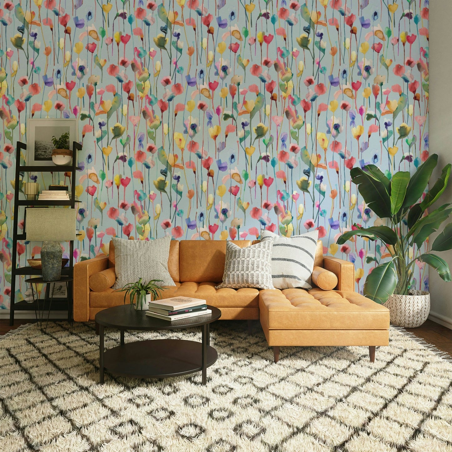 Watery Watercolor Artistic Flowers Light Blue Wallpaper⁠