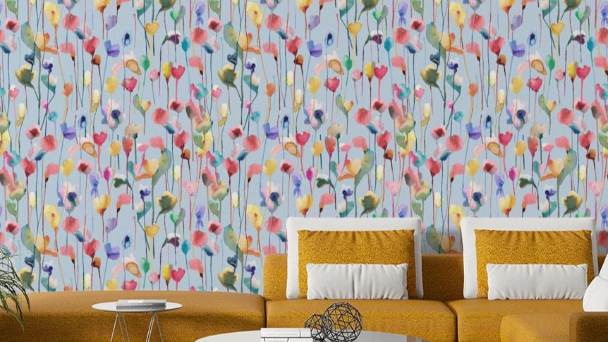 Watery Watercolor Artistic Flowers Light Blue Wallpaper⁠