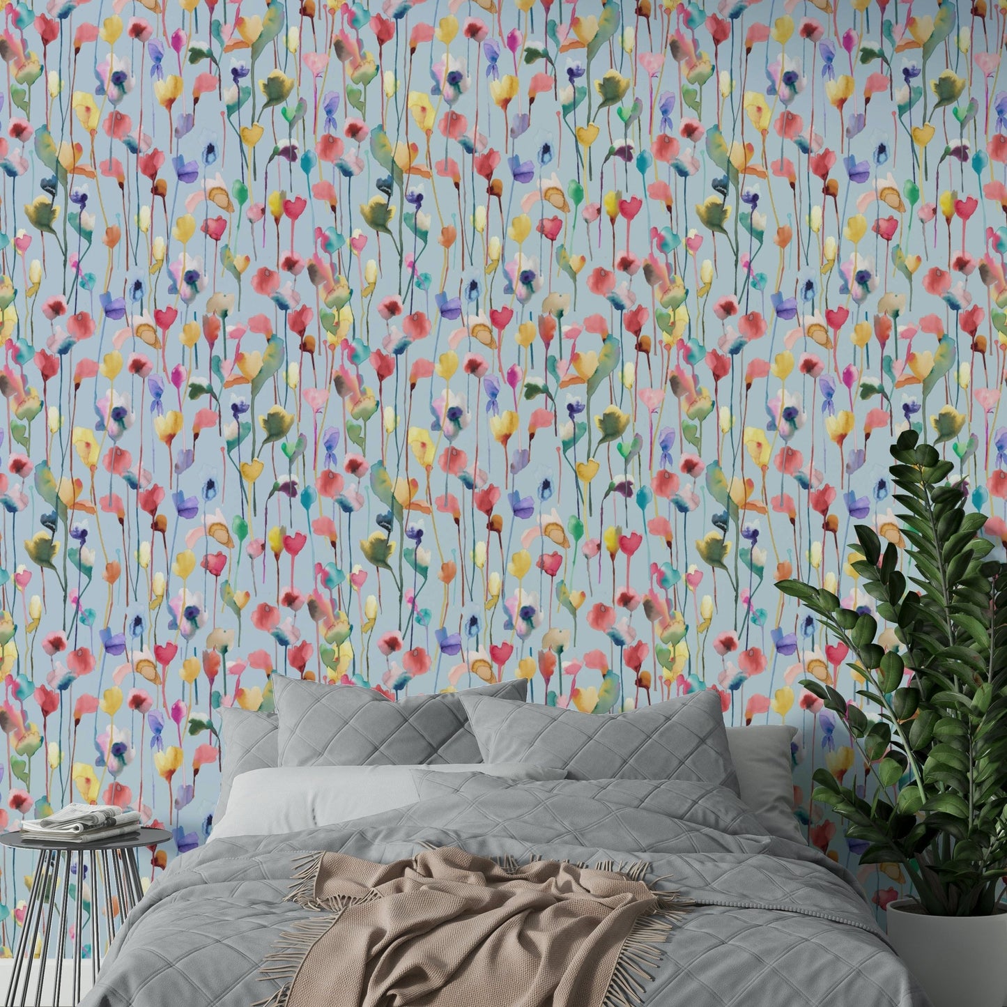 Watery Watercolor Artistic Flowers Light Blue Wallpaper⁠