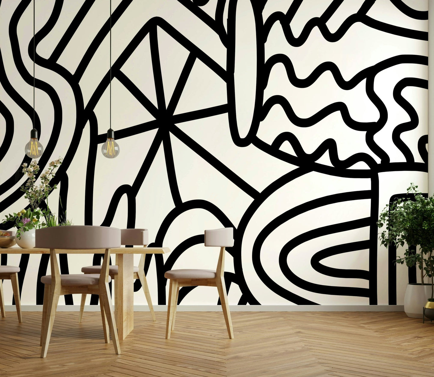 Bedroom with wave-inspired wall mural, GD2483