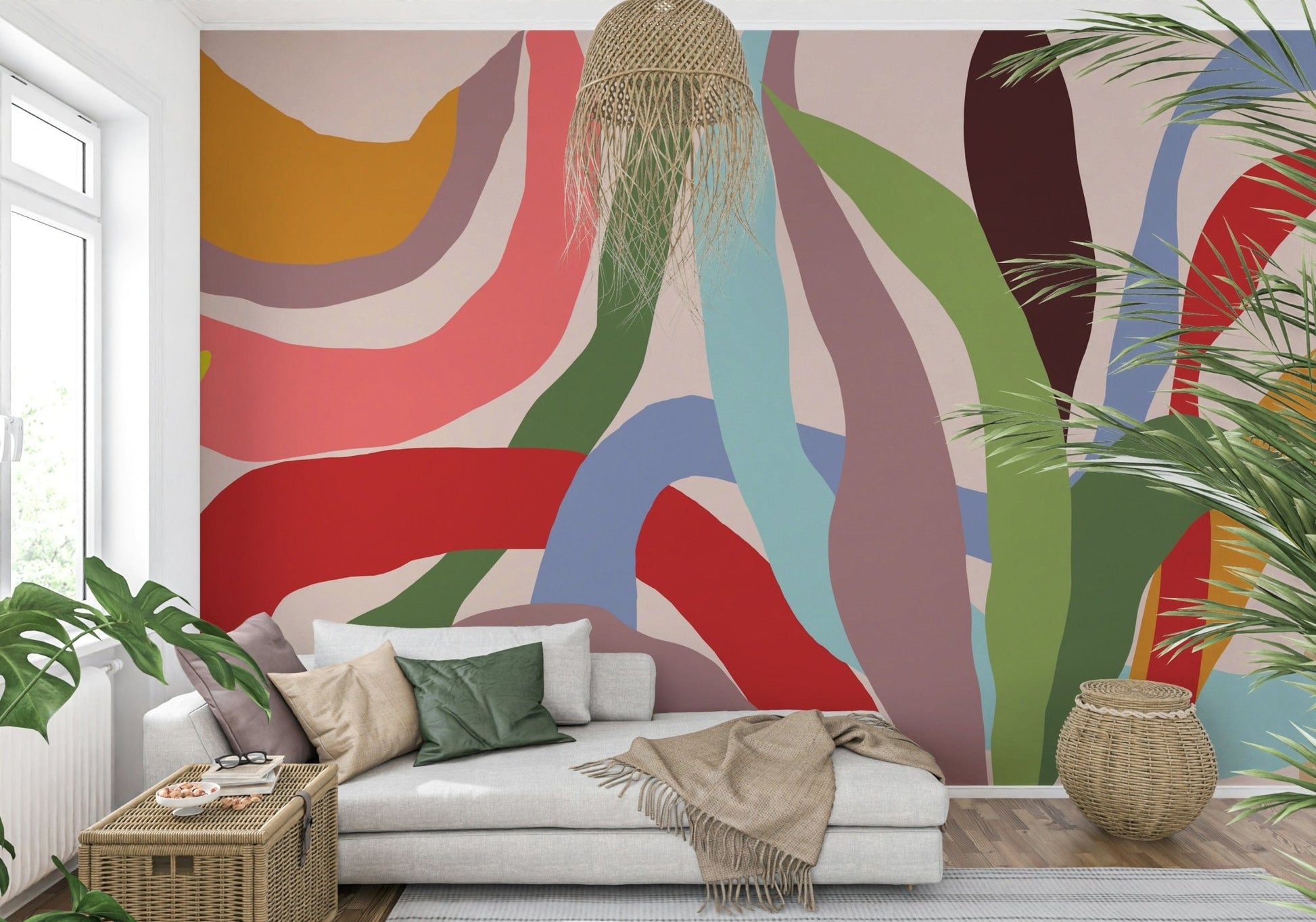Waves of Joy Wall Mural in a minimalist guest room wallpaper.
