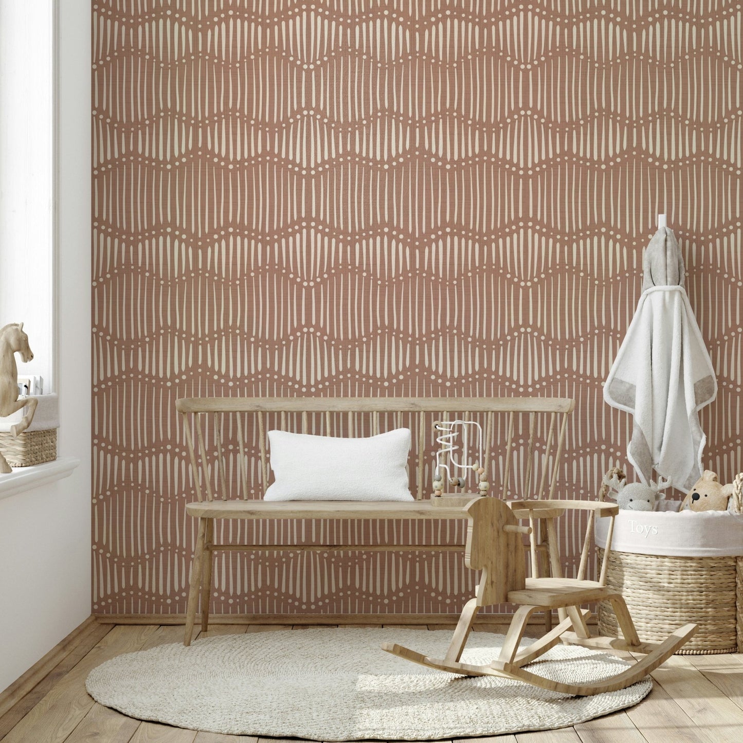 The wallpaper is installed in a modern, eclectic living room. GD3814

