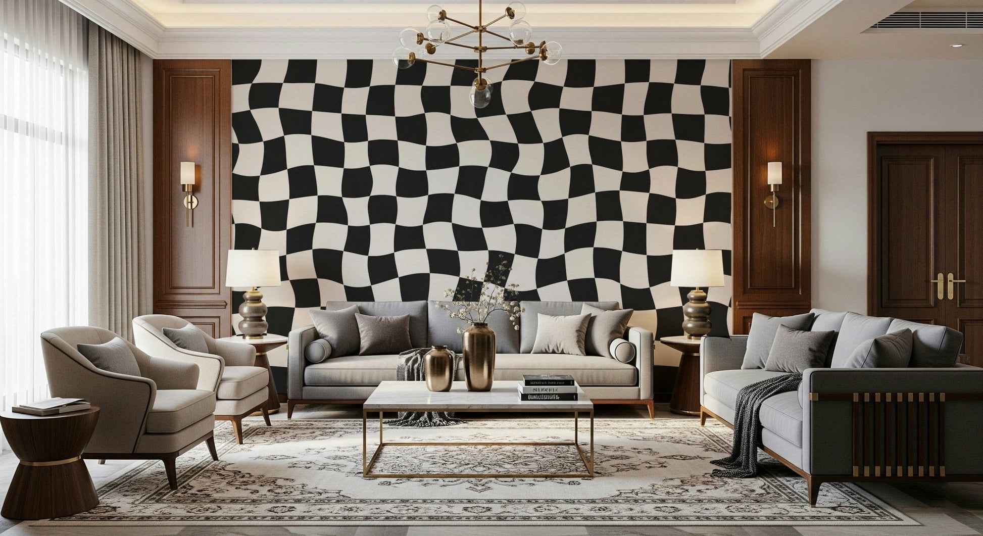 Dynamic Wavy Check wallpaper for walls playful movement aesthetic.