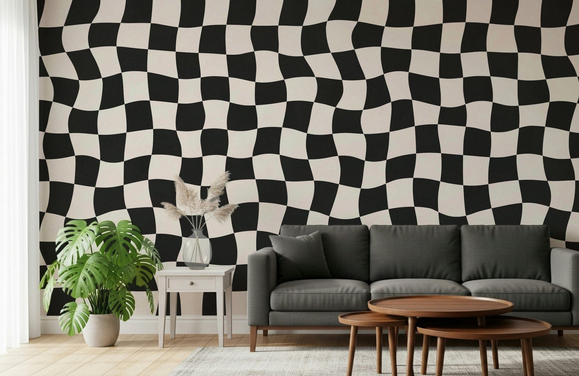 Retro aesthetic Wavy Check vinyl wallcovering durable surface material.