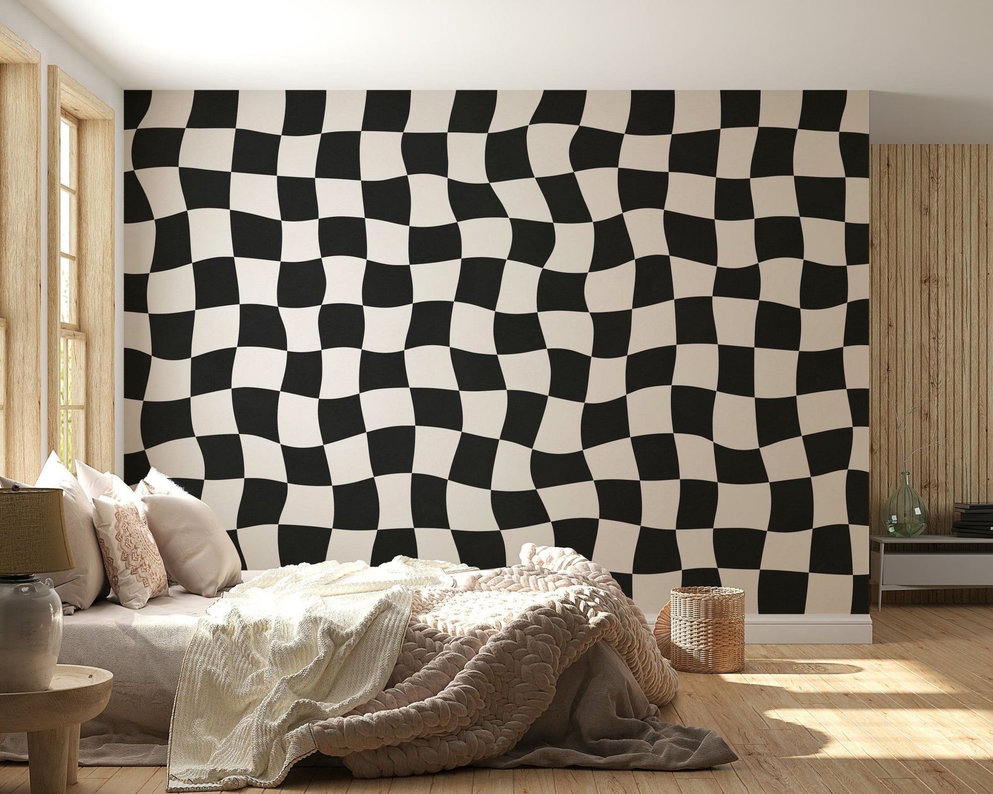 Warped checkerboard design for Wavy Check wallpaper., GD6971