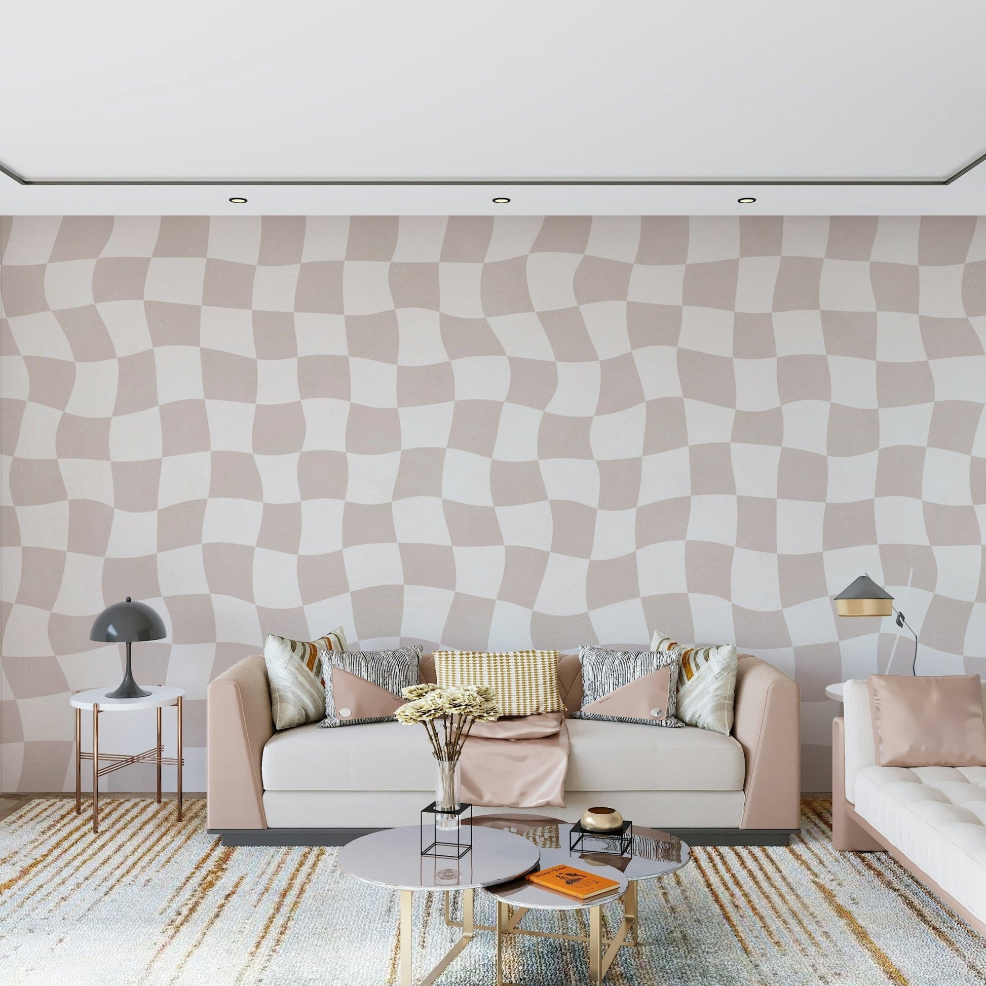 Wavy Checkered Dream wallpaper mural beige tone subtle motion effect.