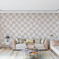 Wavy Checkered Dream wallpaper mural beige tone subtle motion effect.