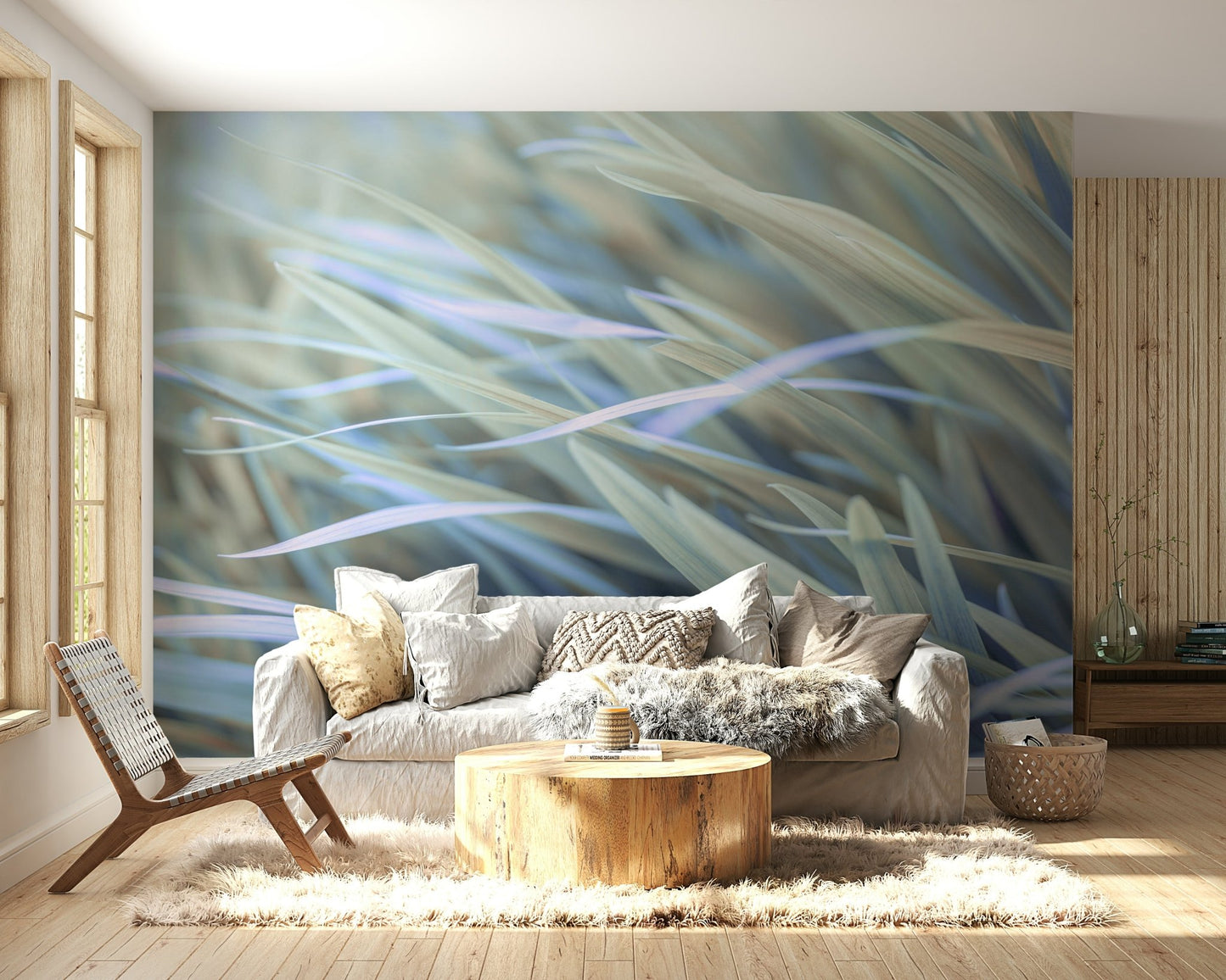 Flowing grass blades mural for calm spaces

