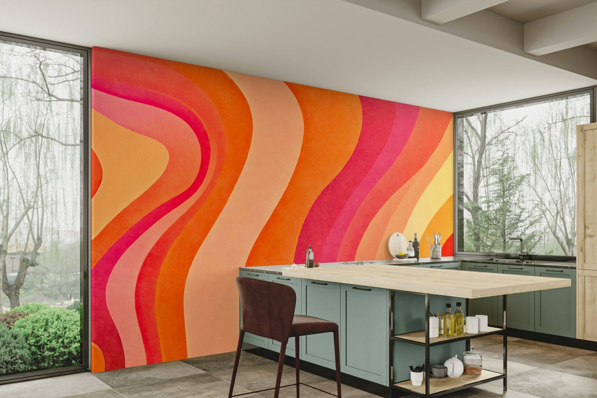 A sunroom decorated with a colorful wavy mural

