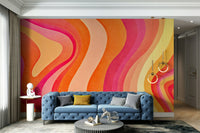 An angled shot of a wall with abstract, artistic wallpaper

