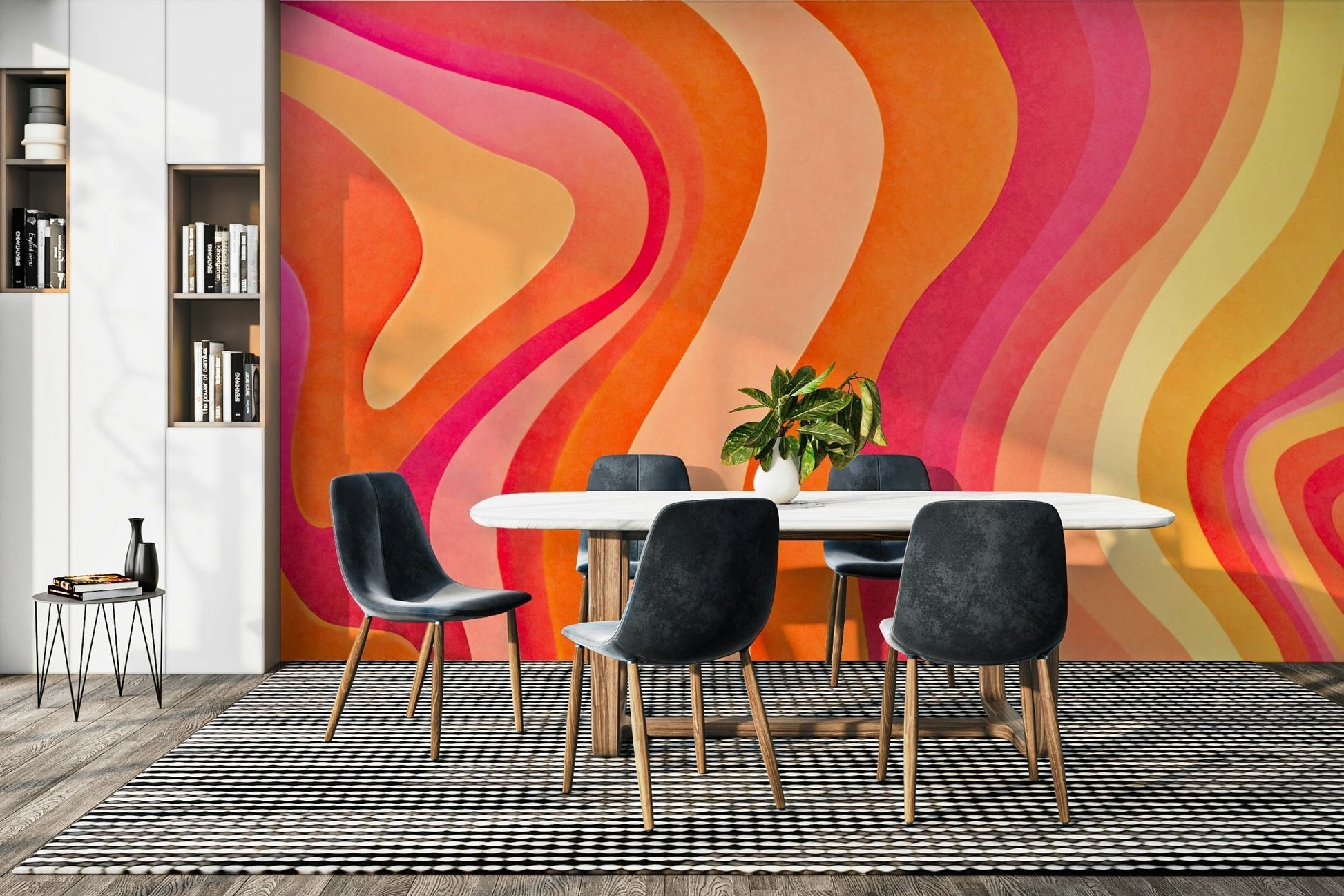 An interior with a cheerful and energetic accent wall

