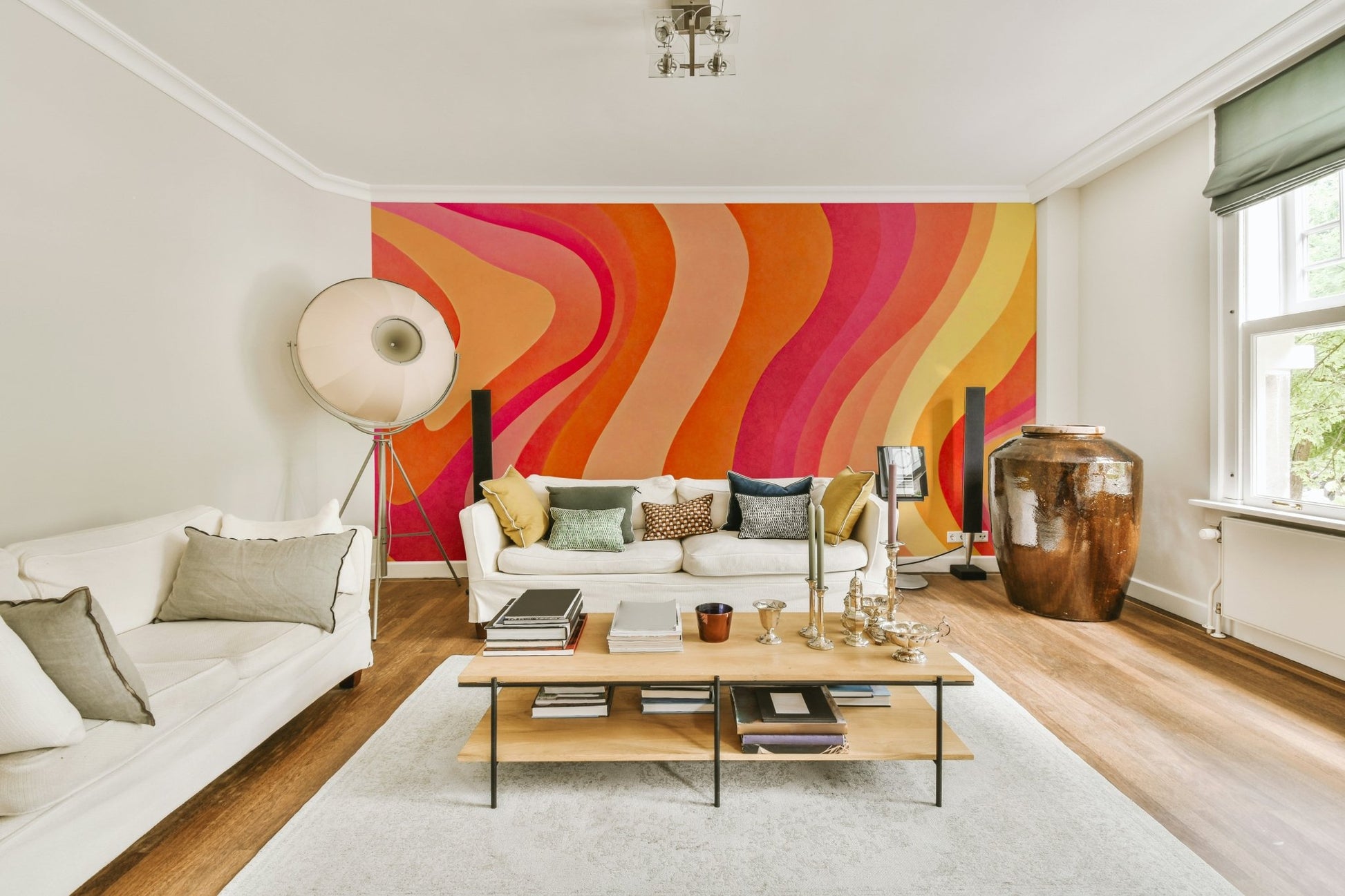 Wavy Watercolor Groovy Vibrant Vibes Wall Mural in a living room

