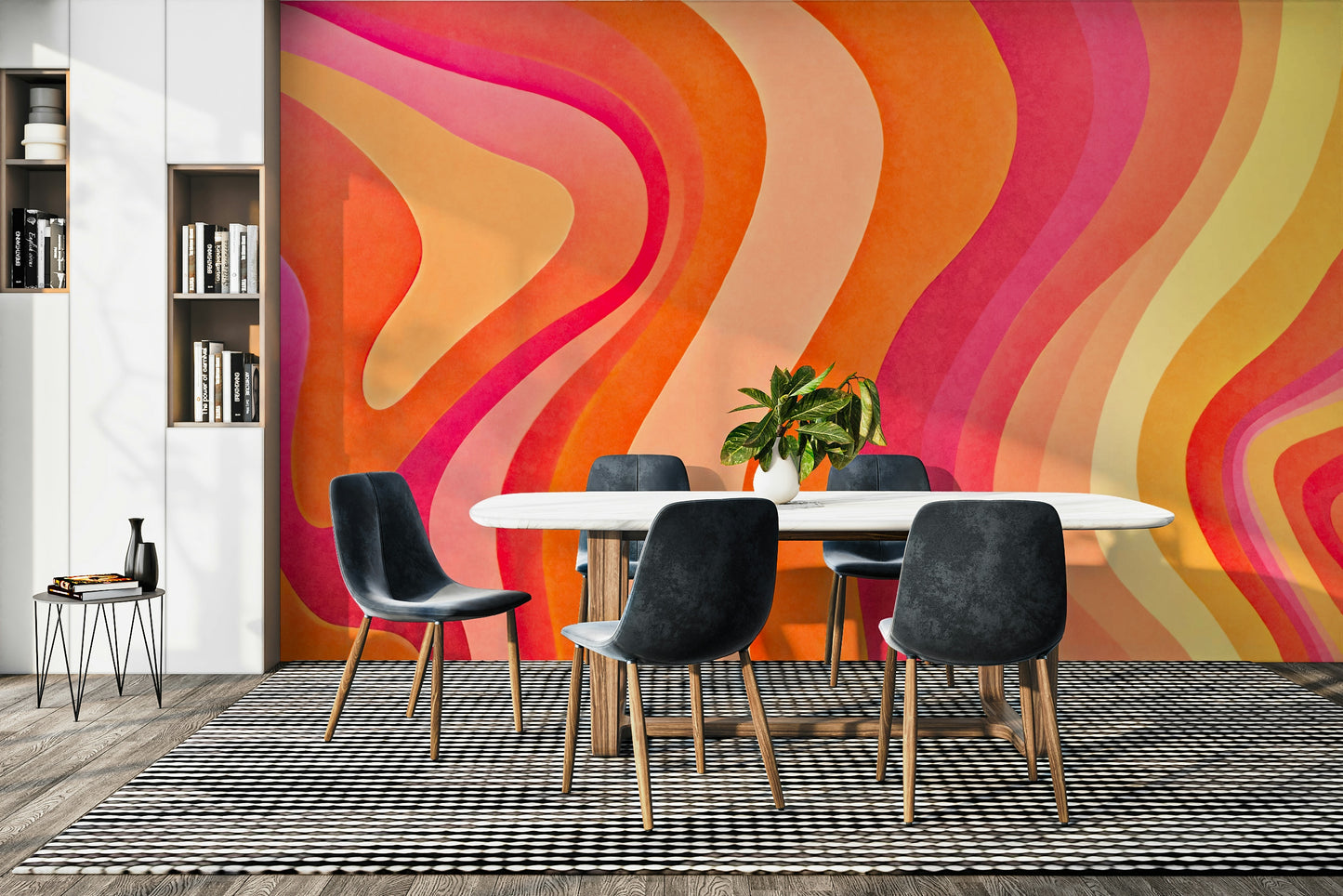 An interior with a cheerful and energetic accent wall

