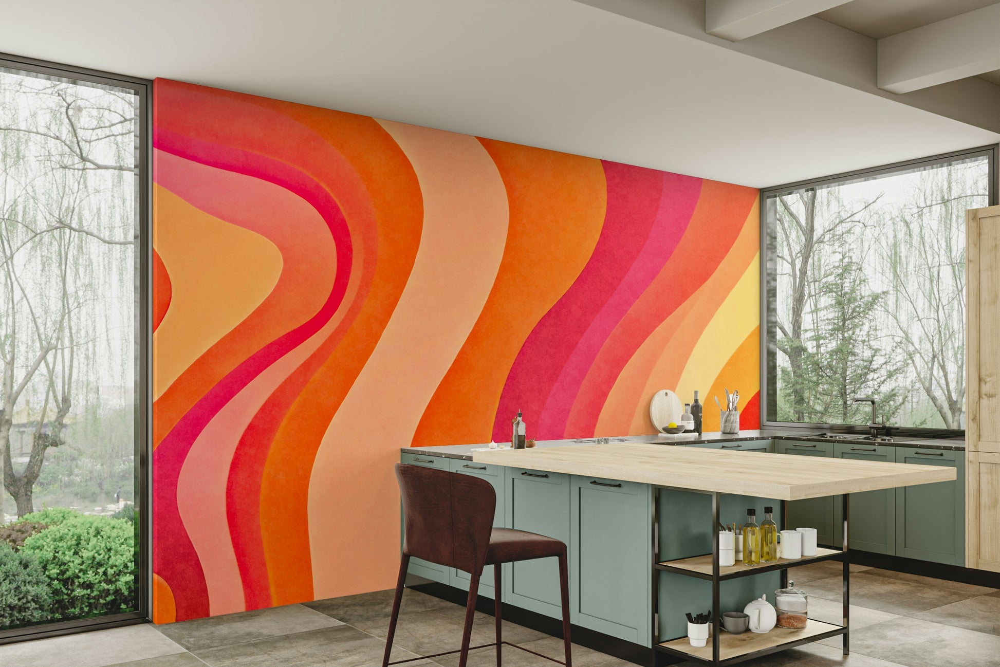 A sunroom decorated with a colorful wavy mural

