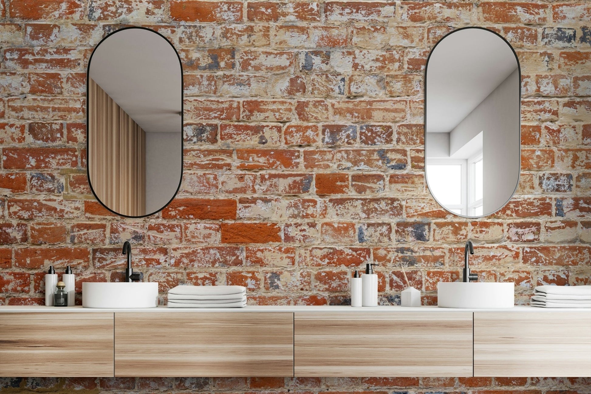 Textured weathered brick wall mural with worn appeal.

