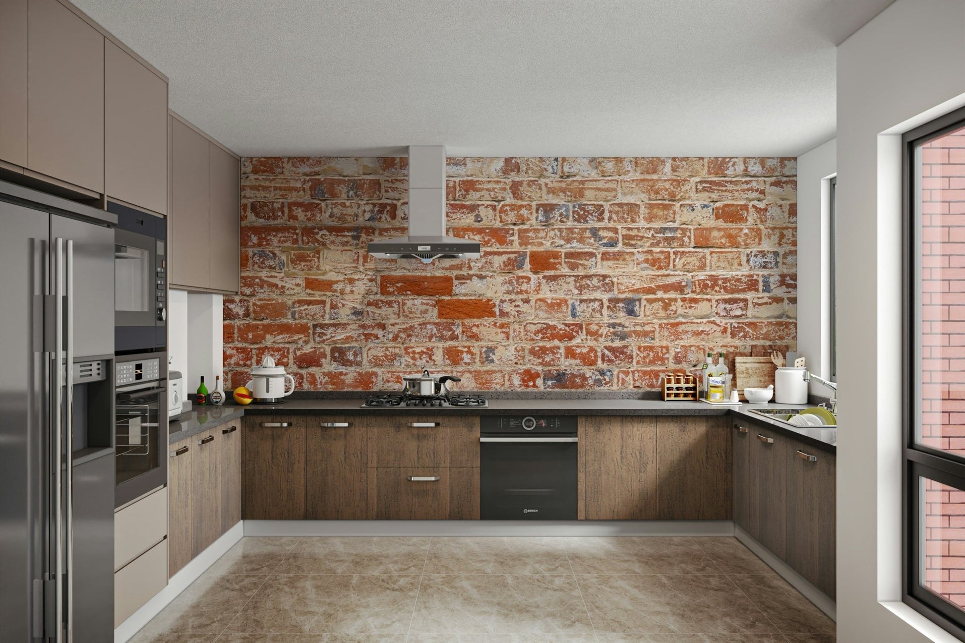 Rustic brick effect wall mural for cozy interiors.

