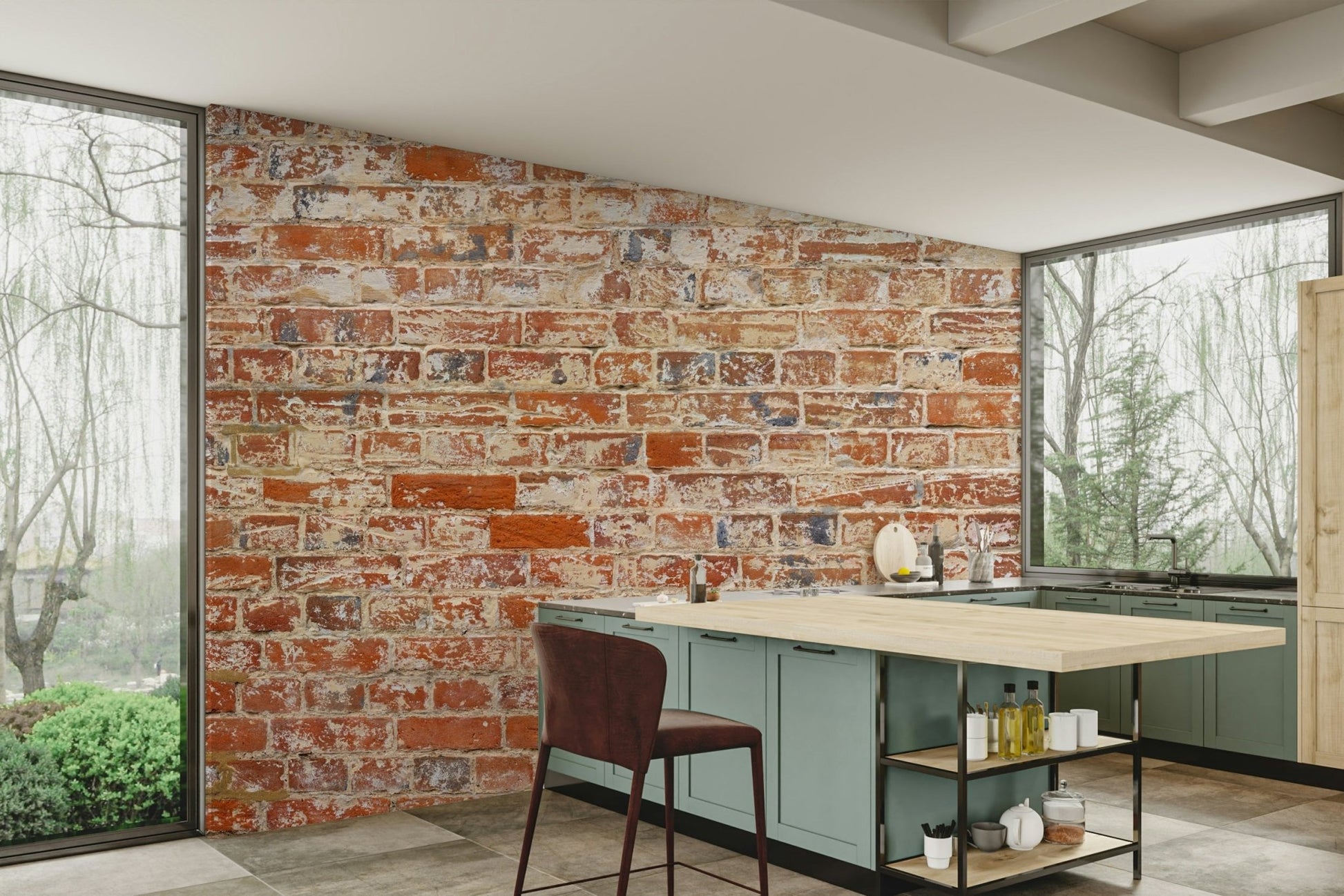 Weathered brick wall mural with rustic charm.

