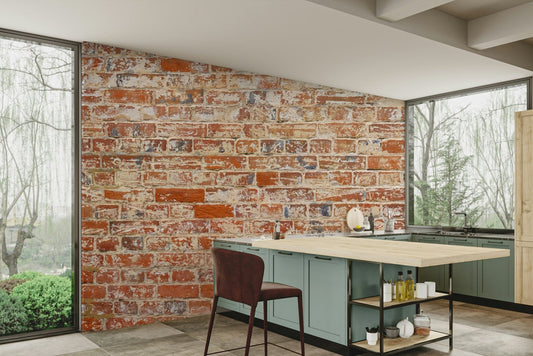 Weathered brick wall mural with rustic charm.


