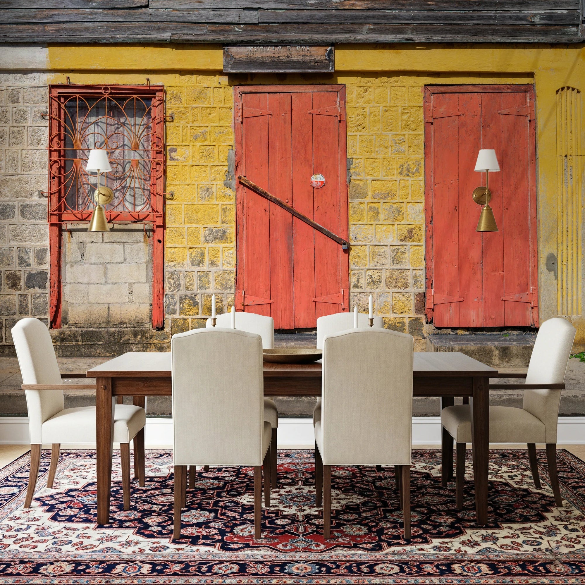 Dining room with Weathered Brick and Red Doors Wall Mural behind a wood table, GD8855