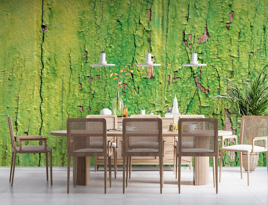 Dining space with Weathered Green Wall Mural and pendant lights overhead