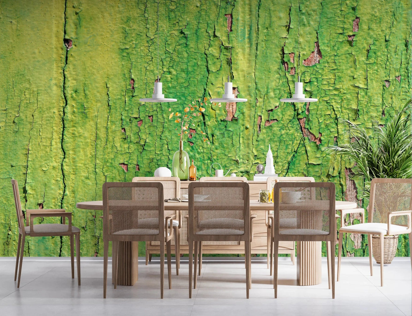Dining space with Weathered Green Wall Mural and pendant lights overhead