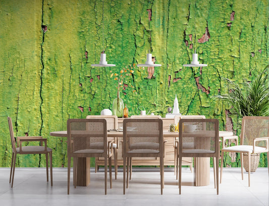 Dining space with Weathered Green Wall Mural and pendant lights overhead