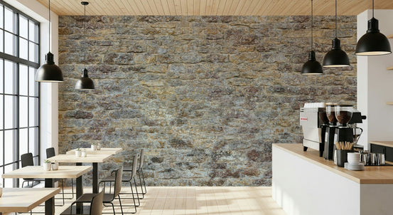 Weathered Stone Brick Wall Mural in a cozy living room setting., GD6418
