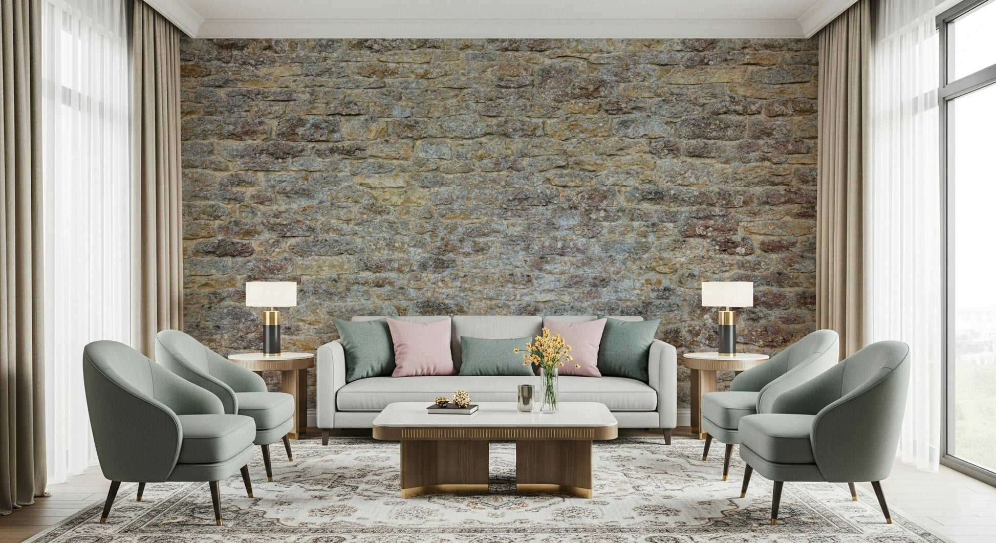 Neutral backdrop created by Weathered Stone Brick Wall Mural print.