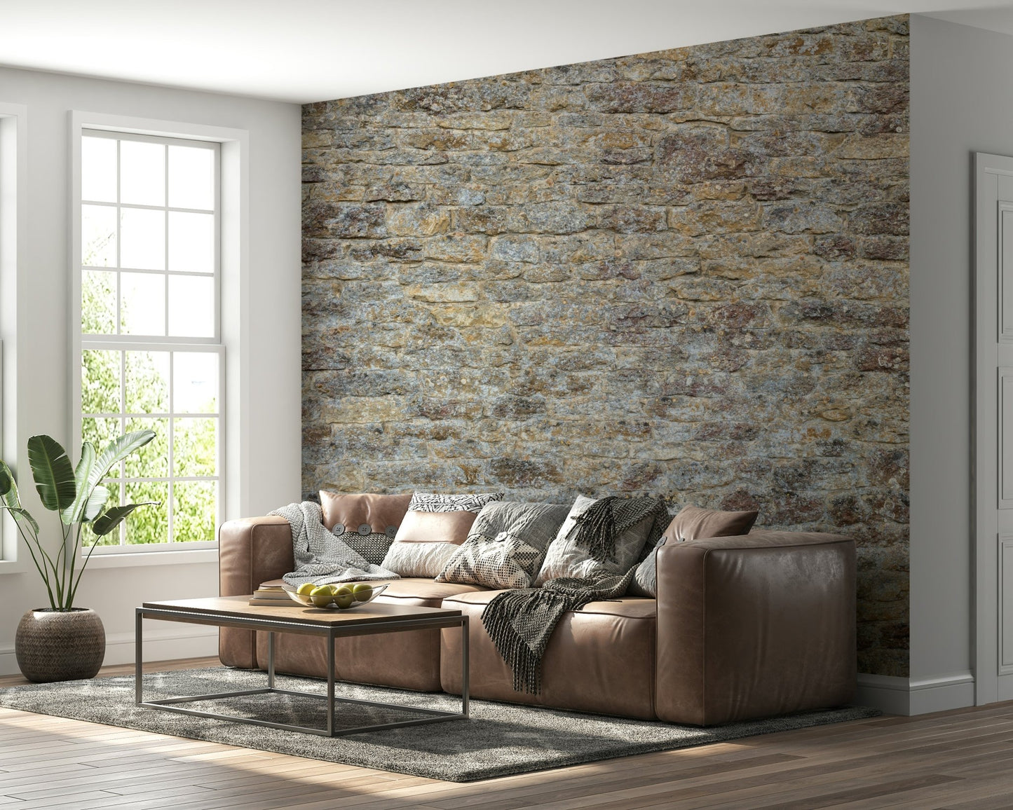 Shadow play across the Weathered Stone Brick Wall Mural design.