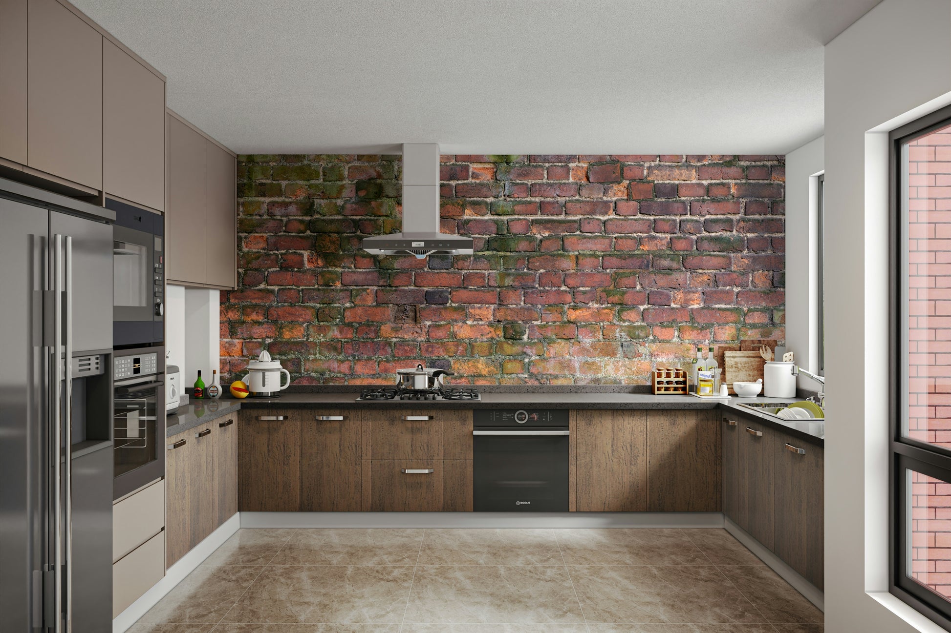 Crumbling plaster or exposed brick.

