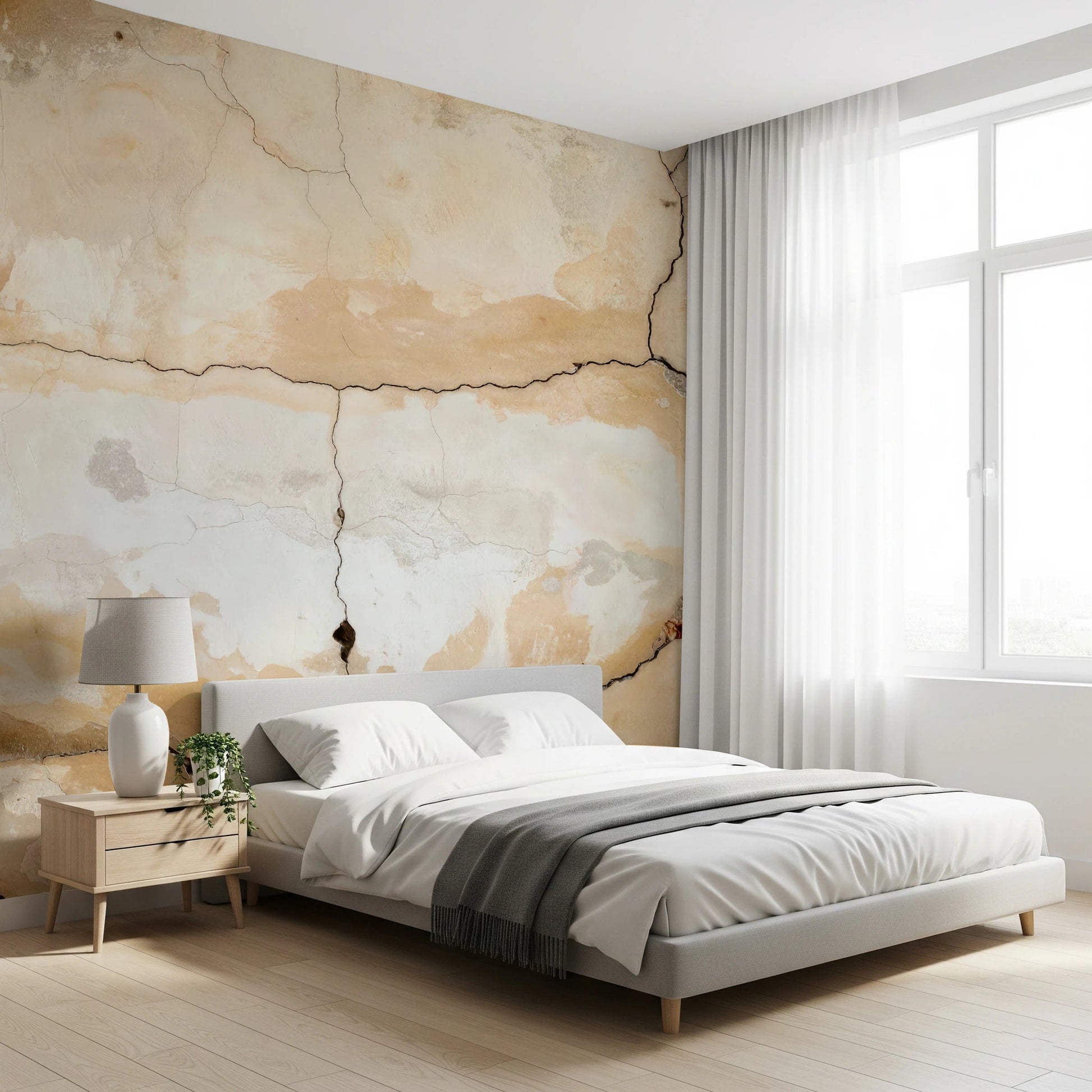 Bedroom styled in Weathered Walls Wall Mural with distressed neutral surface
