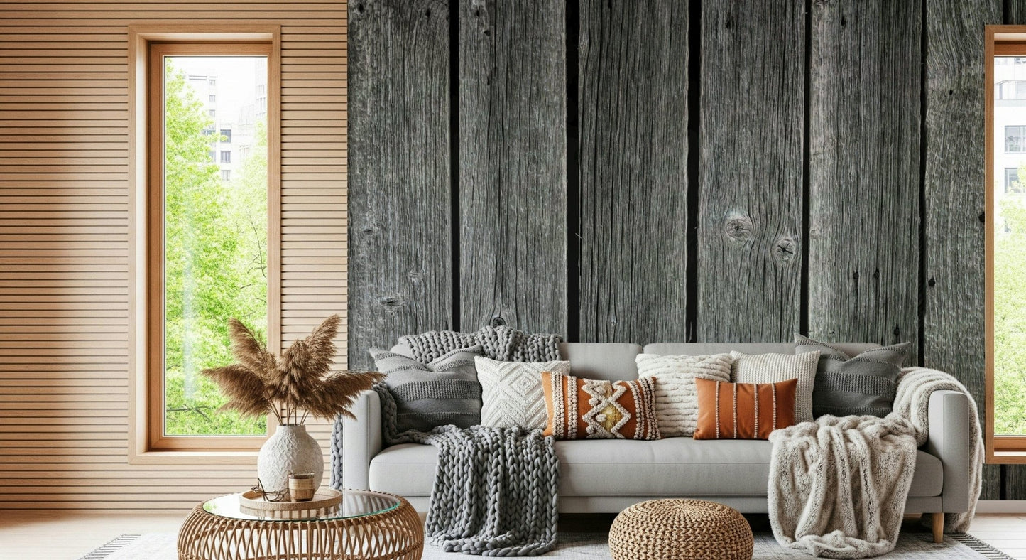 Vintage gray barn wood Weathered Wood Panel Wall Mural, wall covering.