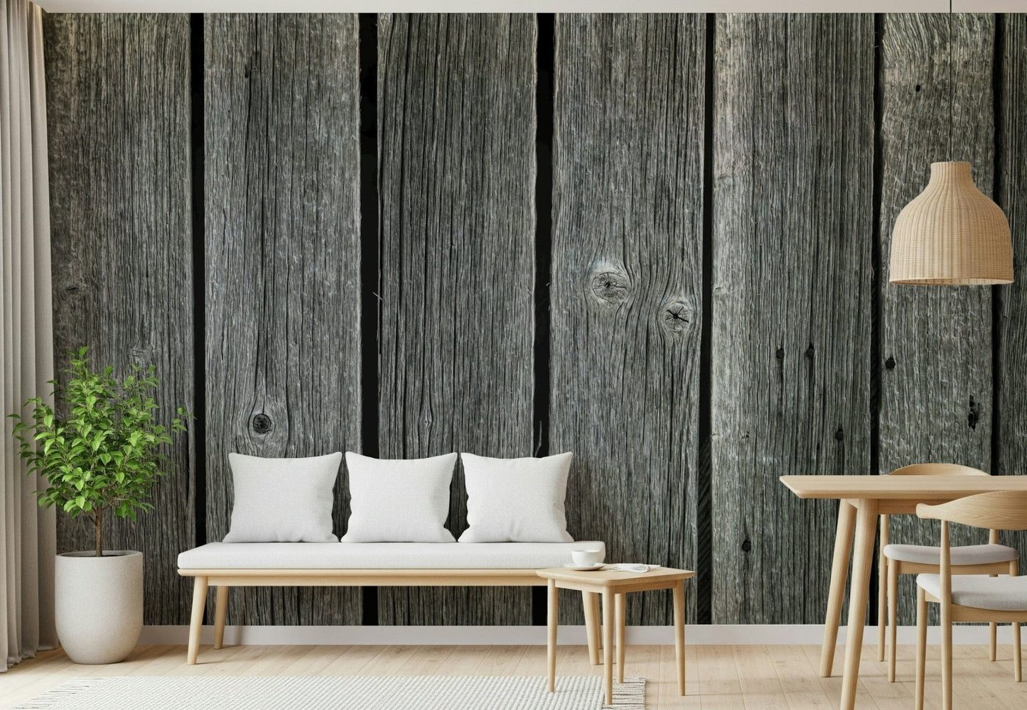 Weathered Wood Panel Wall Mural with knots and realistic wood texture.
