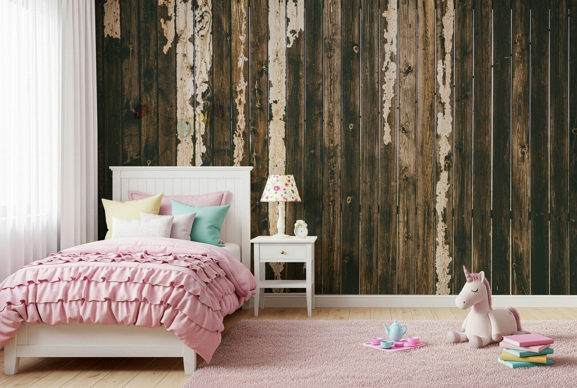 Installation image of the simple-to-apply Weathered Wood peel and stick wallpaper.