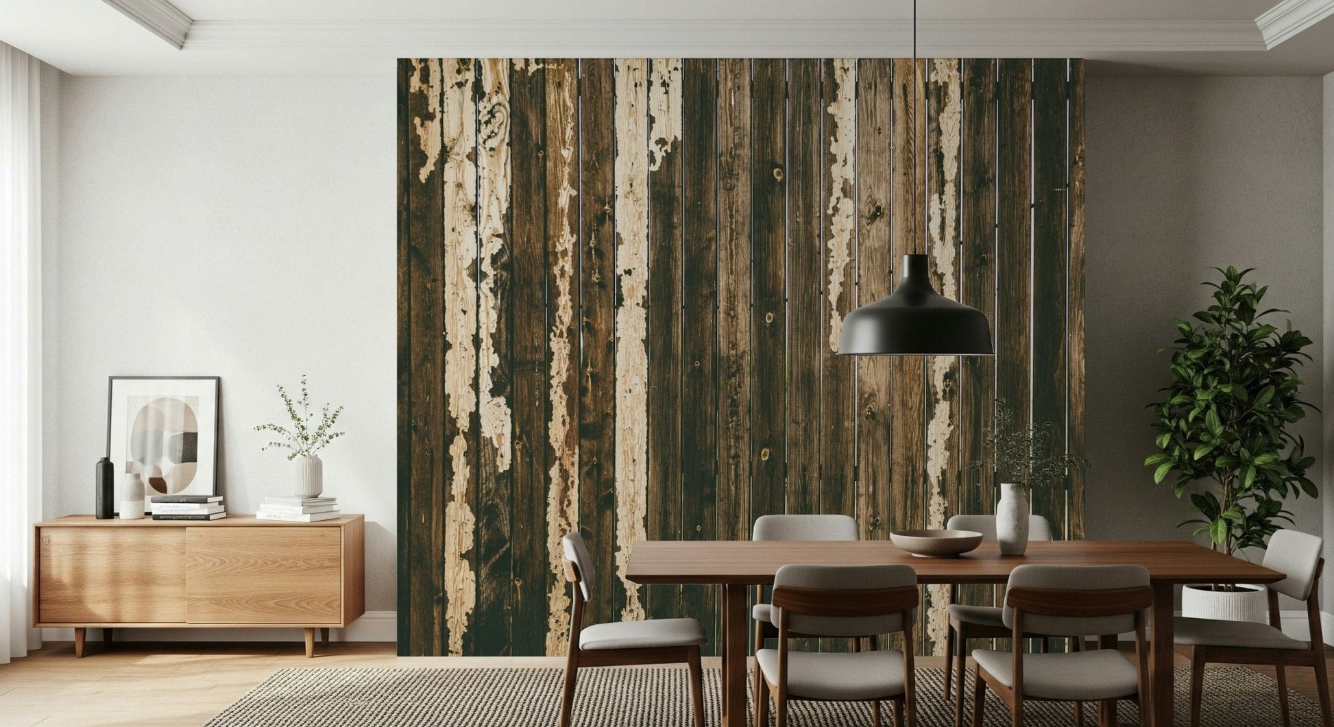 Bedroom accent wall with the rustic Weathered Wood plank peel and stick mural.