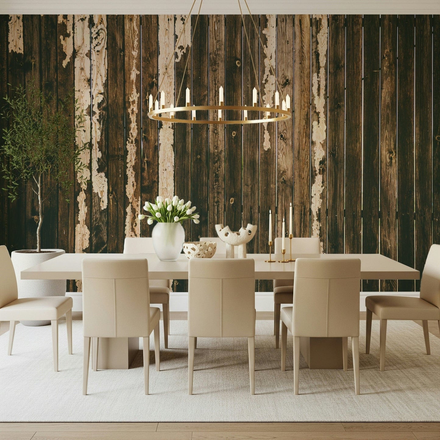 Full room view featuring the cozy Weathered Wood Wall Mural wallpaper for walls.