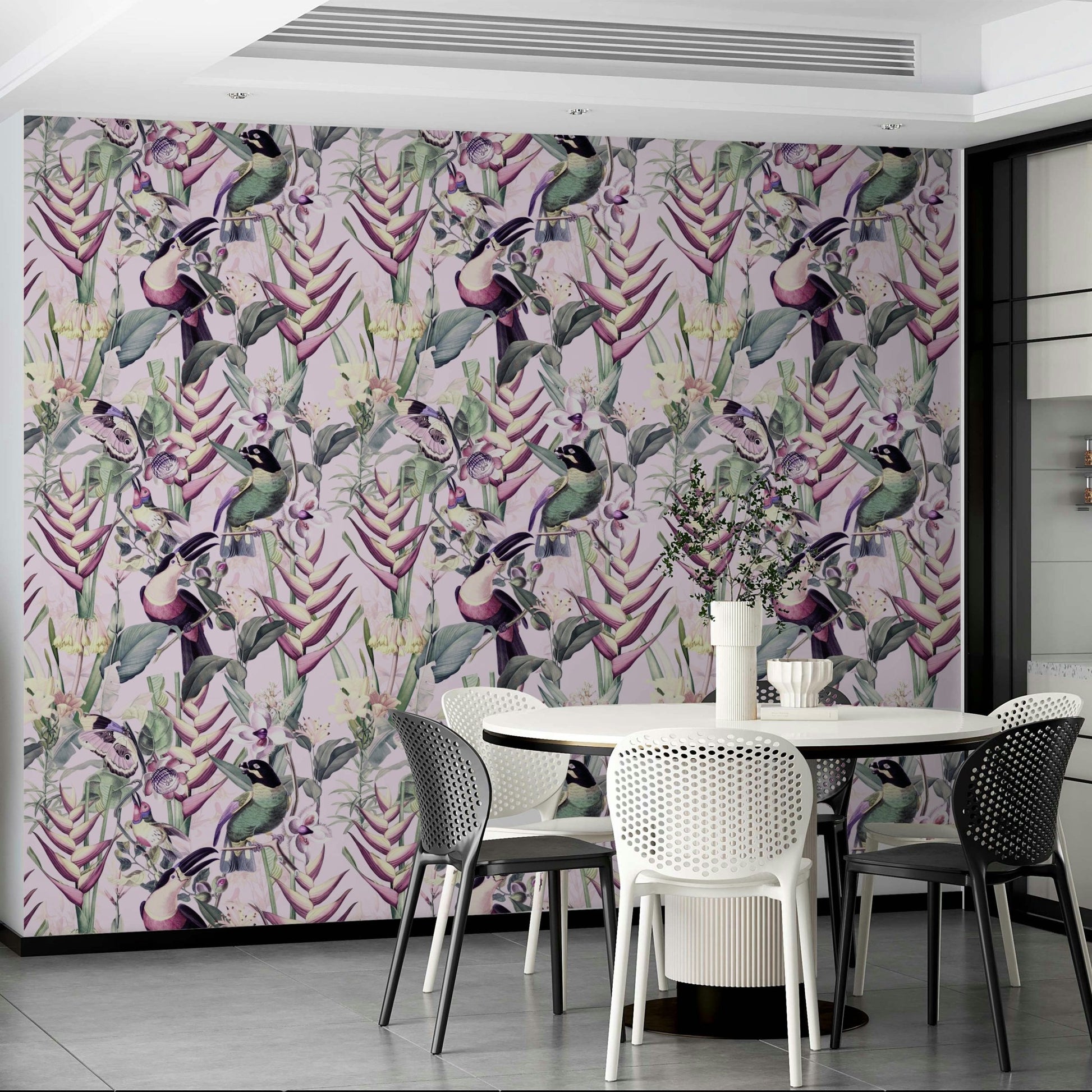 Decorative wallpaper featuring jungle flora and fauna

