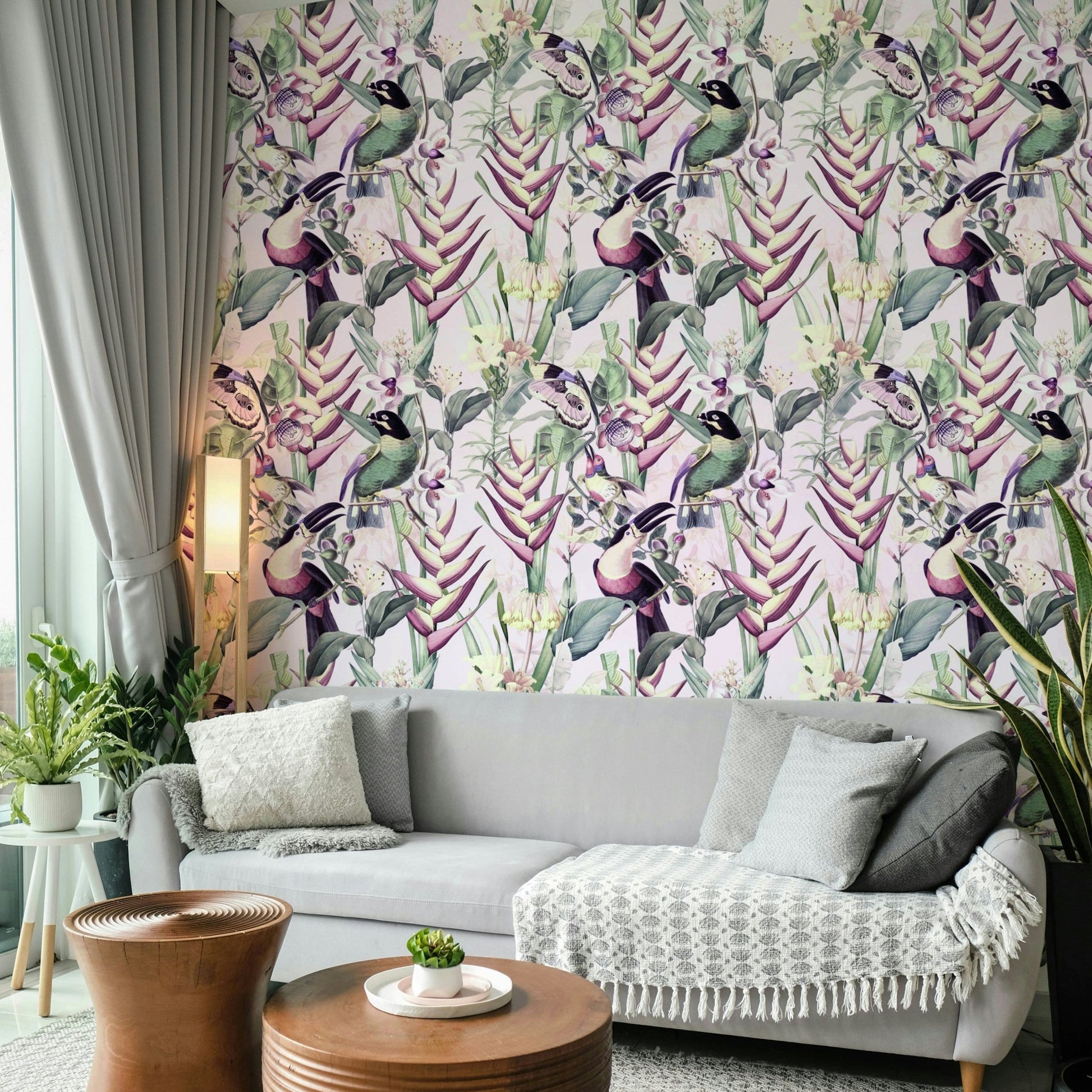 Jungle-themed wallpaper with vibrant green botanicals

