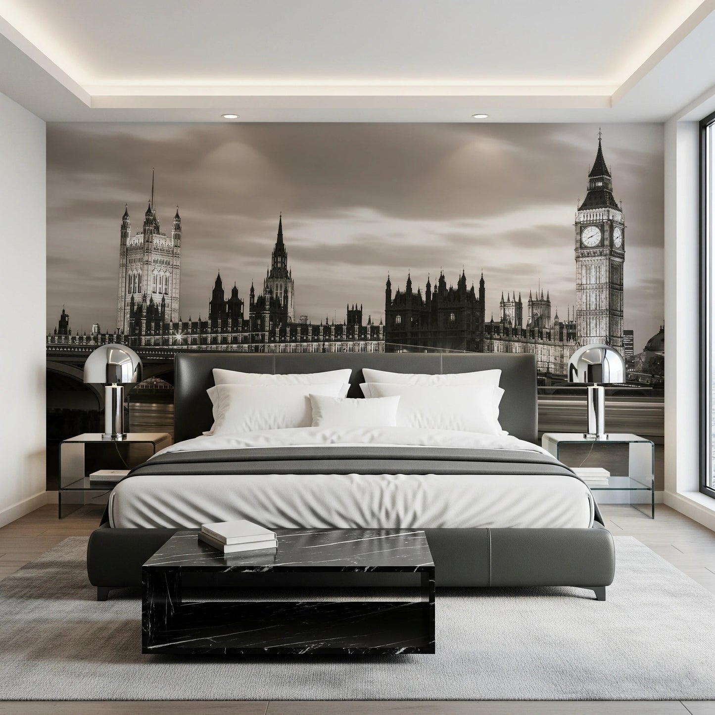 Monochrome cityscape wallpaper for contemporary rooms