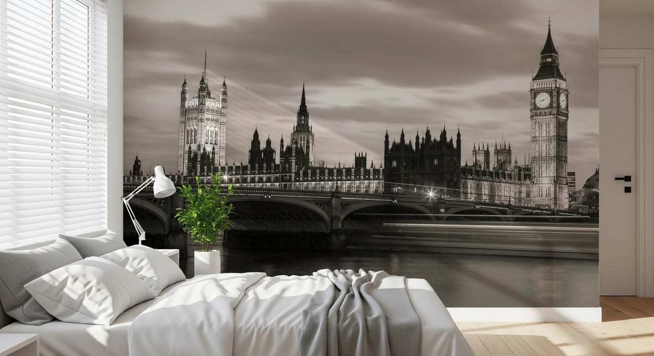 Westminster Bridge wall mural in monochrome living room