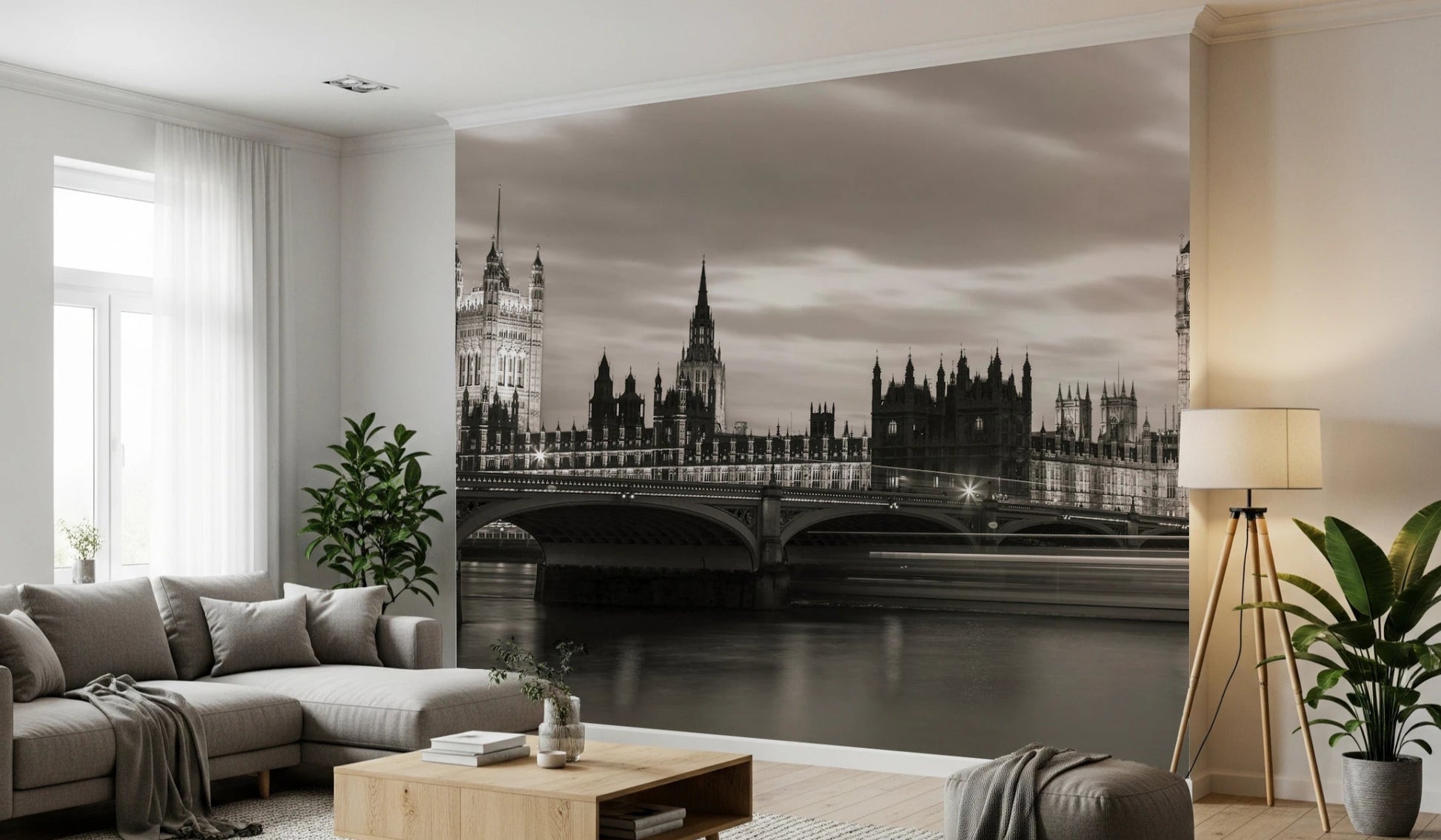 Black and white London skyline mural for modern interiors
