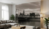 Black and white London skyline mural for modern interiors