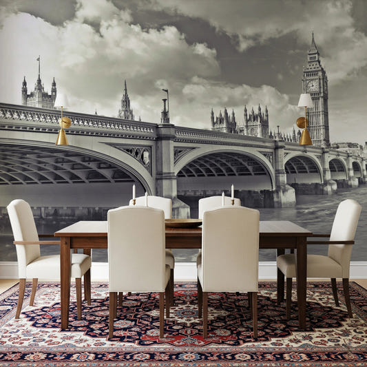 Dining room styled with Westminster's Hour Wall Mural and iconic bridge skyline