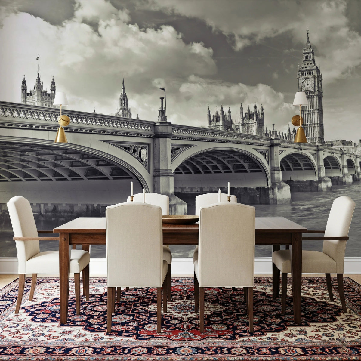 Dining room styled with Westminster's Hour Wall Mural and iconic bridge skyline, GD8624